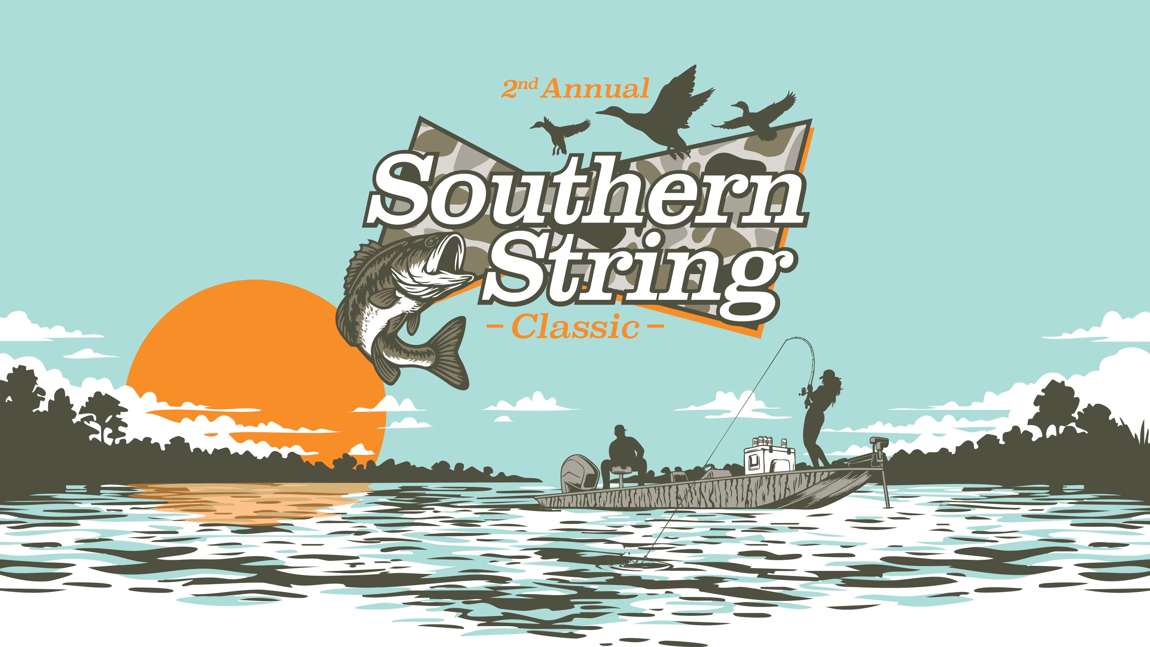 The 2nd Annual Southern String Classic, May 26–31, 2026 fishing tournament logo above a bass fishing scene illustration at sunset